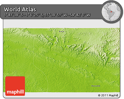 Physical 3D Map of the Area around 1° 24' 2" S, 55° 10' 29" W