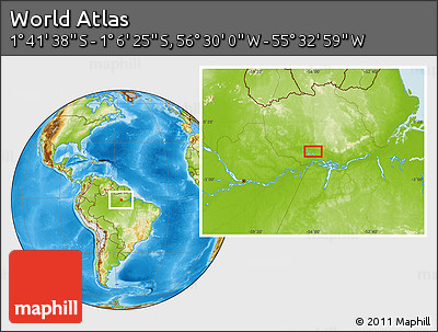 Physical Location Map of the Area around 1° 24' 2" S, 56° 1' 29" W