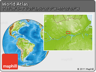Physical Location Map of the Area around 1° 24' 2" S, 56° 1' 29" W