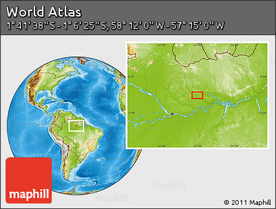 Physical Location Map of the Area around 1° 24' 2" S, 57° 43' 30" W