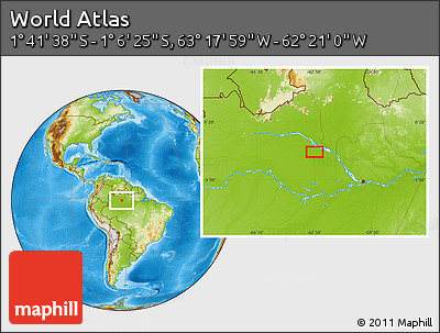Physical Location Map of the Area around 1° 24' 2" S, 62° 49' 30" W