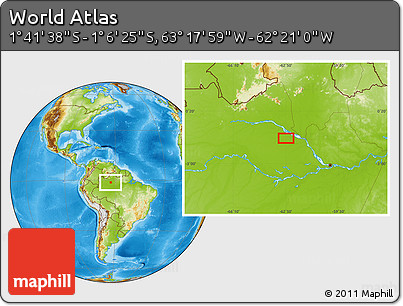 Physical Location Map of the Area around 1° 24' 2" S, 62° 49' 30" W
