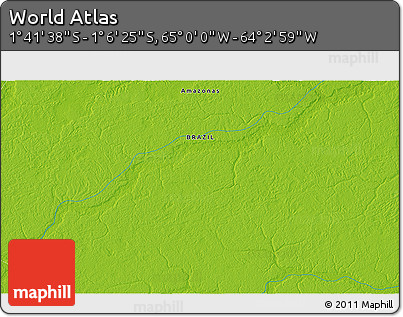 Physical 3D Map of the Area around 1° 24' 2" S, 64° 31' 30" W