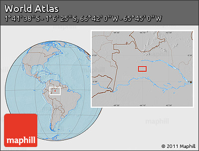 Gray Location Map of the Area around 1° 24' 2" S, 66° 13' 29" W, hill shading