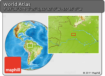 Physical Location Map of the Area around 1° 24' 2" S, 66° 13' 29" W