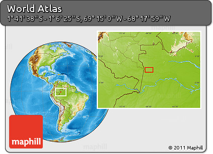 Physical Location Map of the Area around 1° 24' 2" S, 68° 46' 30" W