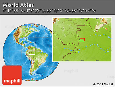 Physical Location Map of the Area around 1° 24' 2" S, 68° 46' 30" W