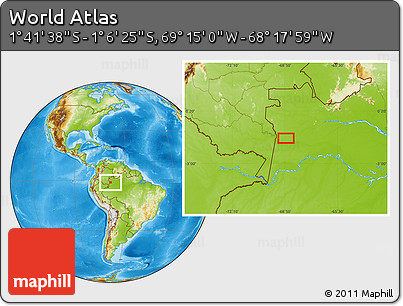 Physical Location Map of the Area around 1° 24' 2" S, 68° 46' 30" W