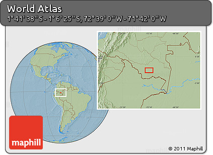 Savanna Style Location Map of the Area around 1° 24' 2" S, 72° 10' 30" W, hill shading