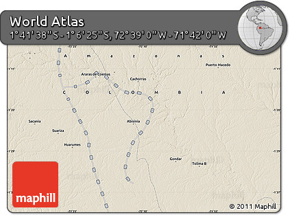 Shaded Relief Map of the Area around 1° 24' 2" S, 72° 10' 30" W