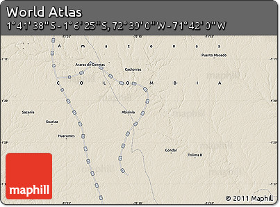 Shaded Relief Map of the Area around 1° 24' 2" S, 72° 10' 30" W