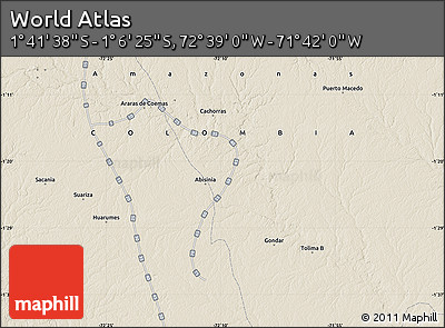 Shaded Relief Map of the Area around 1° 24' 2" S, 72° 10' 30" W
