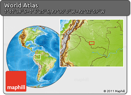 Physical Location Map of the Area around 1° 24' 2" S, 73° 1' 30" W