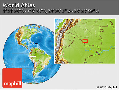 Physical Location Map of the Area around 1° 24' 2" S, 73° 1' 30" W