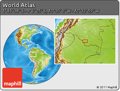 Physical Location Map of the Area around 1° 24' 2" S, 73° 1' 30" W