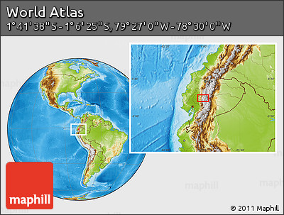 Physical Location Map of the Area around 1° 24' 2" S, 78° 58' 29" W