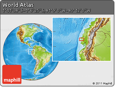 Physical Location Map of the Area around 1° 24' 2" S, 80° 40' 30" W