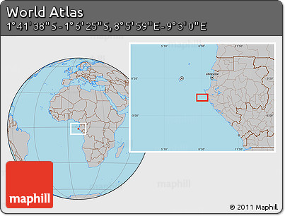 Gray Location Map of the Area around 1° 24' 2" S, 8° 34' 29" E