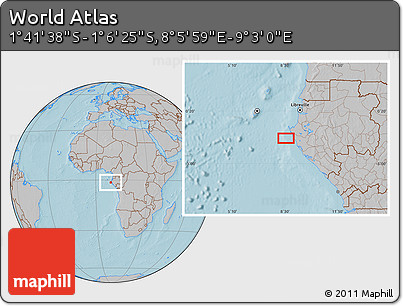 Gray Location Map of the Area around 1° 24' 2" S, 8° 34' 29" E, hill shading