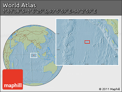 Savanna Style Location Map of the Area around 1° 24' 2" S, 93° 34' 29" E, hill shading