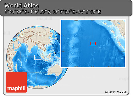 Shaded Relief Location Map of the Area around 1° 24' 2" S, 93° 34' 29" E