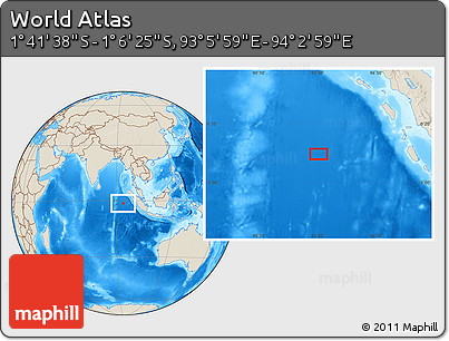 Shaded Relief Location Map of the Area around 1° 24' 2" S, 93° 34' 29" E