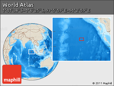 Shaded Relief Location Map of the Area around 1° 24' 2" S, 93° 34' 29" E