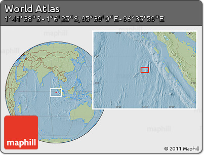 Savanna Style Location Map of the Area around 1° 24' 2" S, 96° 7' 30" E, hill shading
