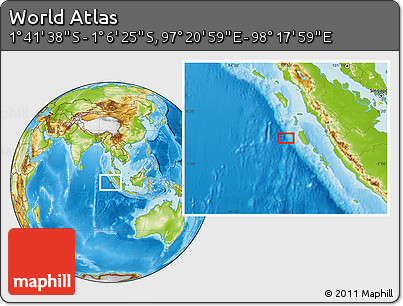 Physical Location Map of the Area around 1° 24' 2" S, 97° 49' 29" E