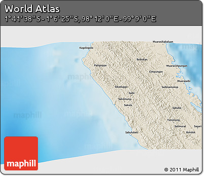 Shaded Relief 3D Map of the Area around 1° 24' 2" S, 98° 40' 30" E