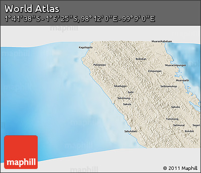 Shaded Relief 3D Map of the Area around 1° 24' 2" S, 98° 40' 30" E