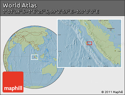 Savanna Style Location Map of the Area around 1° 24' 2" S, 99° 31' 30" E, hill shading
