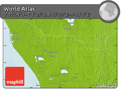 Physical Map of the Area around 1° 24' 2" S, 9° 25' 30" E