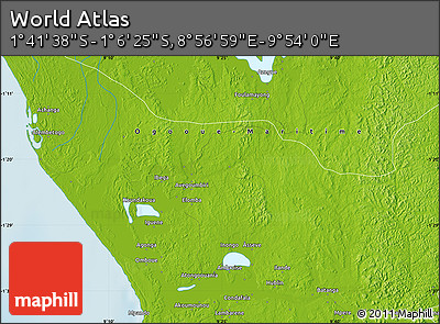 Physical Map of the Area around 1° 24' 2" S, 9° 25' 30" E