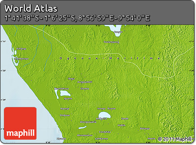 Physical Map of the Area around 1° 24' 2" S, 9° 25' 30" E