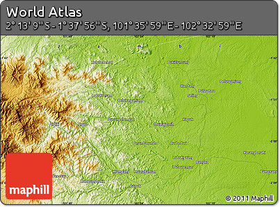 Physical Map of the Area around 1° 55' 32" S, 102° 4' 29" E