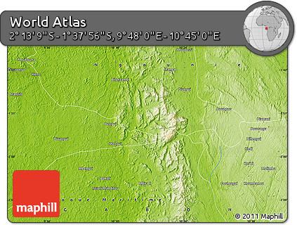 Physical Map of the Area around 1° 55' 32" S, 10° 16' 30" E