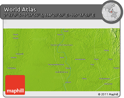 Physical 3D Map of the Area around 1° 55' 32" S, 114° 49' 29" E
