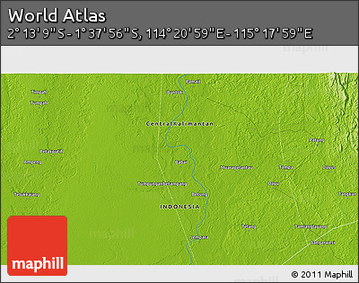 Physical 3D Map of the Area around 1° 55' 32" S, 114° 49' 29" E
