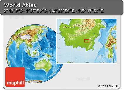 Physical Location Map of the Area around 1° 55' 32" S, 114° 49' 29" E