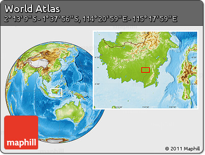 Physical Location Map of the Area around 1° 55' 32" S, 114° 49' 29" E