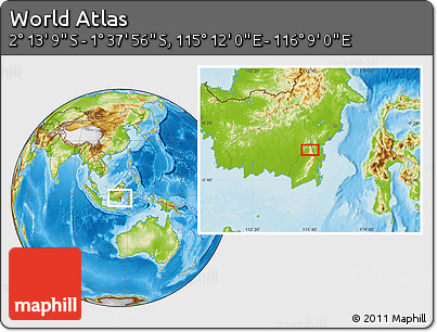 Physical Location Map of the Area around 1° 55' 32" S, 115° 40' 30" E