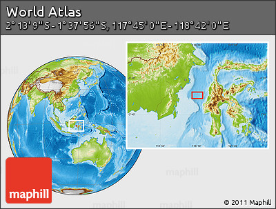 Physical Location Map of the Area around 1° 55' 32" S, 118° 13' 29" E