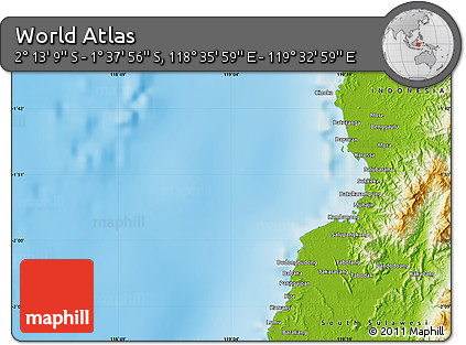 Physical Map of the Area around 1° 55' 32" S, 119° 4' 29" E