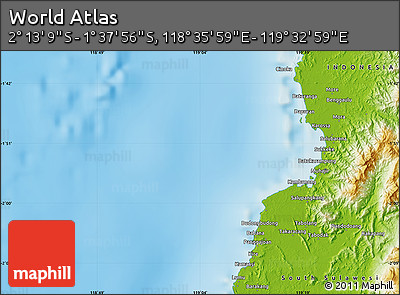 Physical Map of the Area around 1° 55' 32" S, 119° 4' 29" E