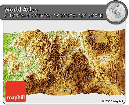 Physical 3D Map of the Area around 1° 55' 32" S, 119° 55' 30" E