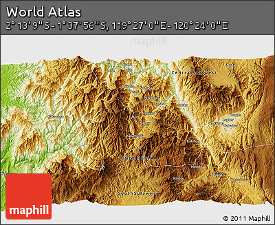 Physical 3D Map of the Area around 1° 55' 32" S, 119° 55' 30" E