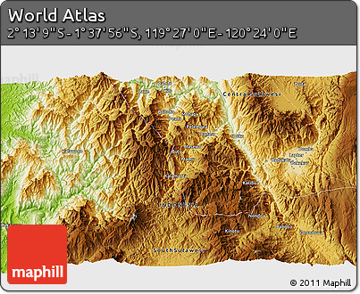 Physical 3D Map of the Area around 1° 55' 32" S, 119° 55' 30" E