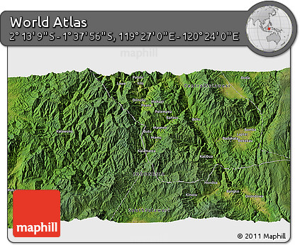 Satellite 3D Map of the Area around 1° 55' 32" S, 119° 55' 30" E