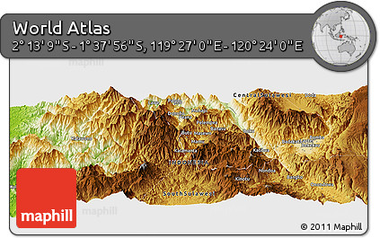 Physical Panoramic Map of the Area around 1° 55' 32" S, 119° 55' 30" E
